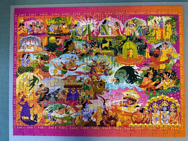 Colourfully illustrated Ramayan jigsaw puzzle completed