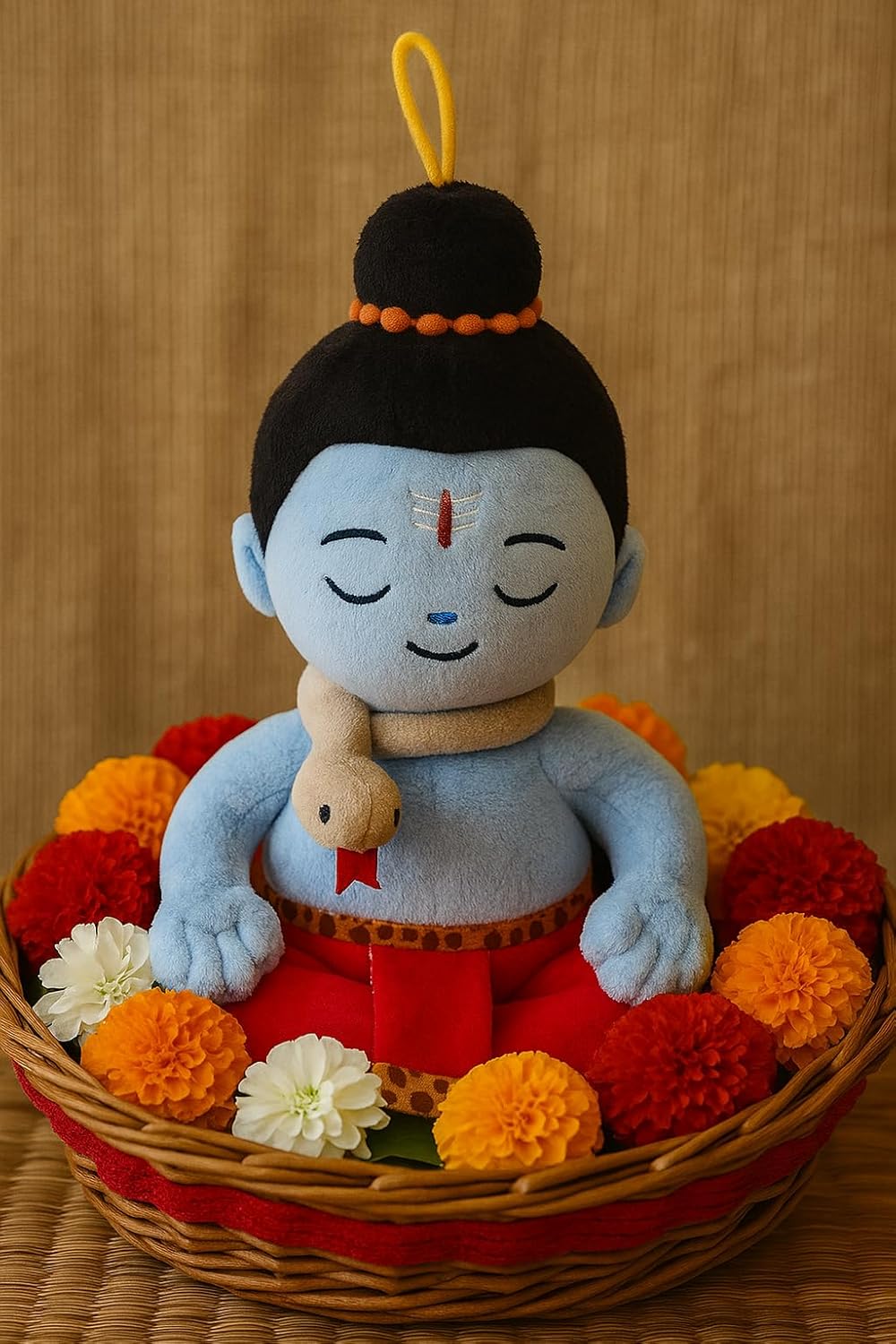 Shiva Shankar plush toy figure in a basket decorated with flowers and marigolds for Mahashivratri