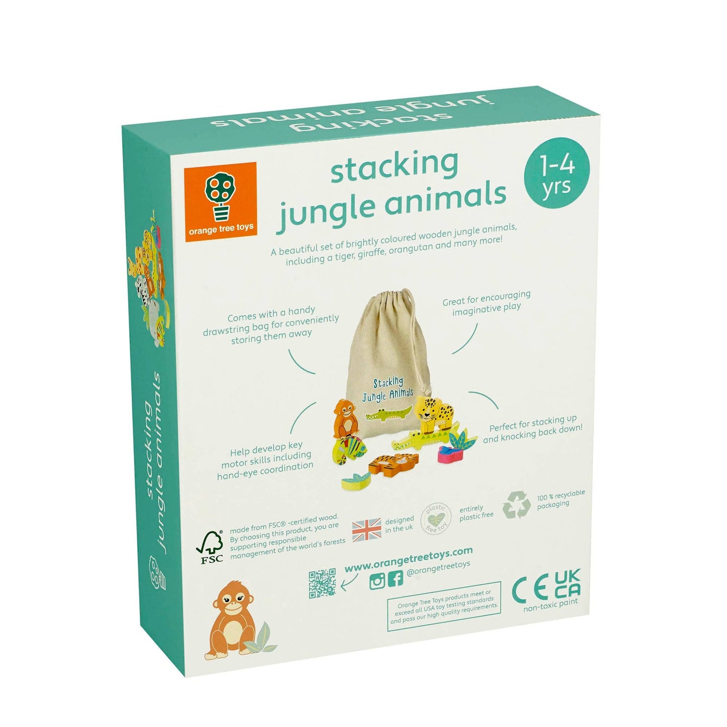 Back of the box of stacking jungle animals toy set with Orange Tree branding and product details.