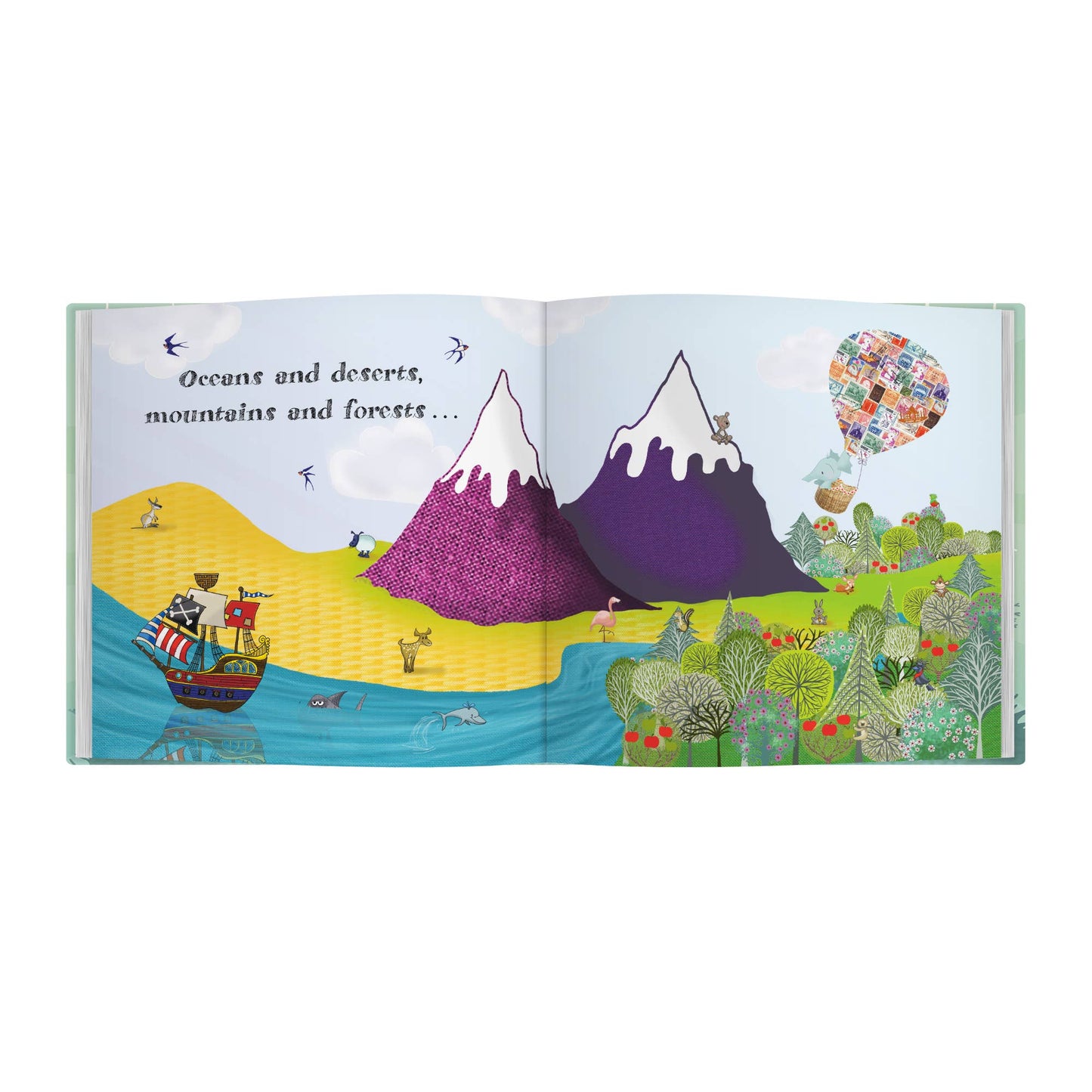 Open book showing a colorful illustration of mountains, sea, and balloons with text.