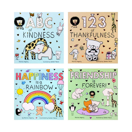 Four children's books with colorful illustrations and text on a white background