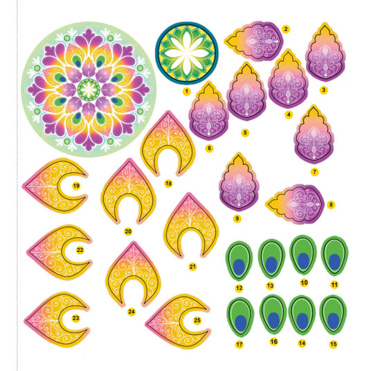 Sheet of rangoli stickers in bright colours and geometric design
