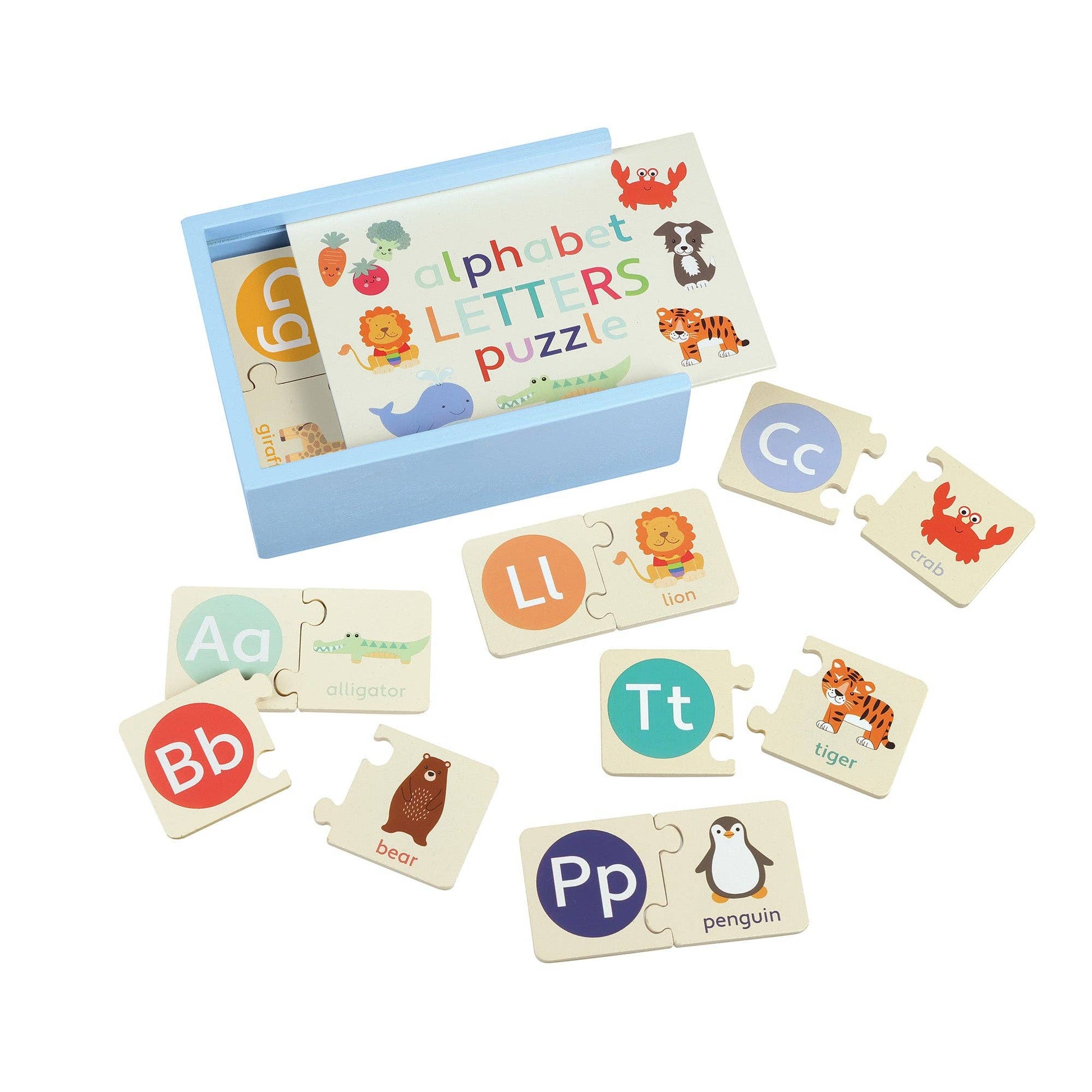 Alphabet letter puzzle set with colourful wooden pieces on a white background