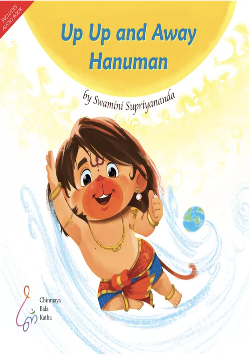 Book cover of 'Up Up and Away Hanuman' with a cartoon depiction of Hanuman jumping towards the sun.