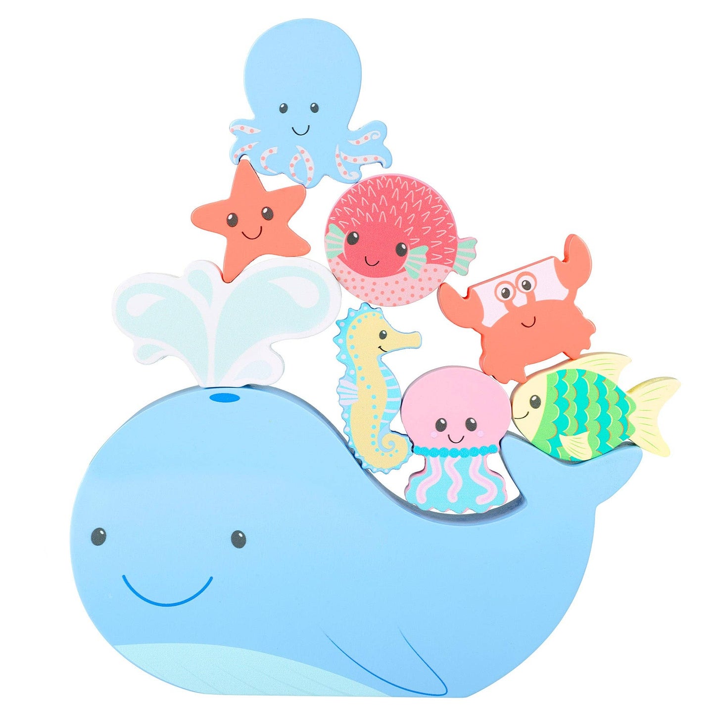 Colorful underwater-themed toys including a whale, octopus, starfish, and fish on a white background