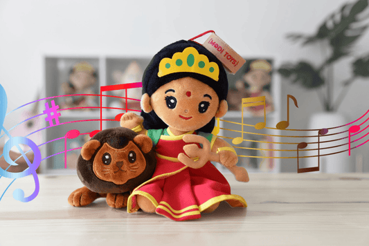 Plush toy of Durga Devi with a lion and musical notes in the background