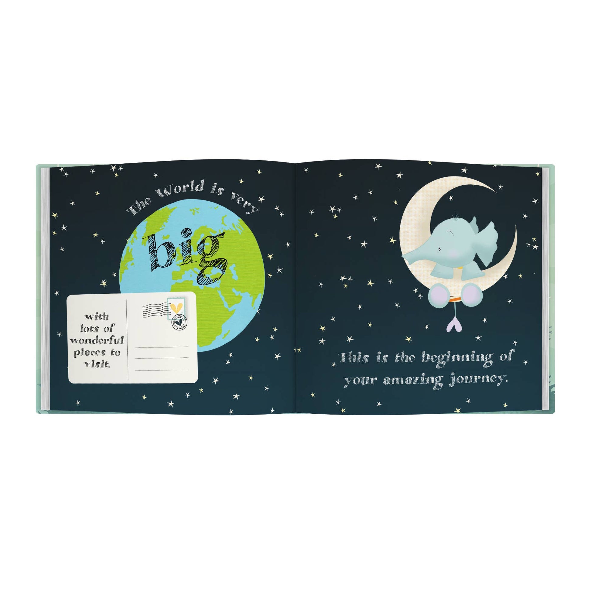 Open book with illustrations of Earth, moon, and baby on a white background