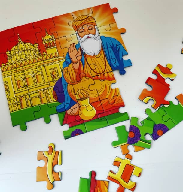 Vibrant toy puzzle of Guru Nanak Devji great for Sikh celebrations with kids