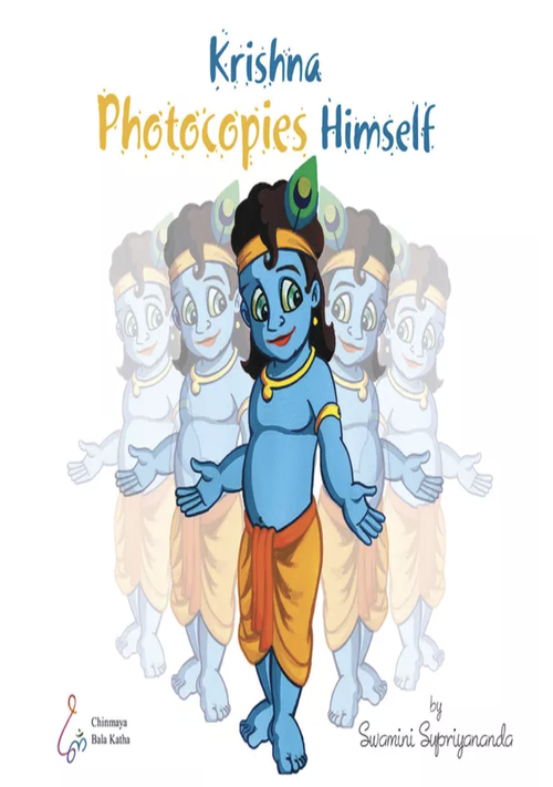 Book cover of 'Krishna Photocopies Himself' with a cartoon depiction of Krishna and his duplicates.