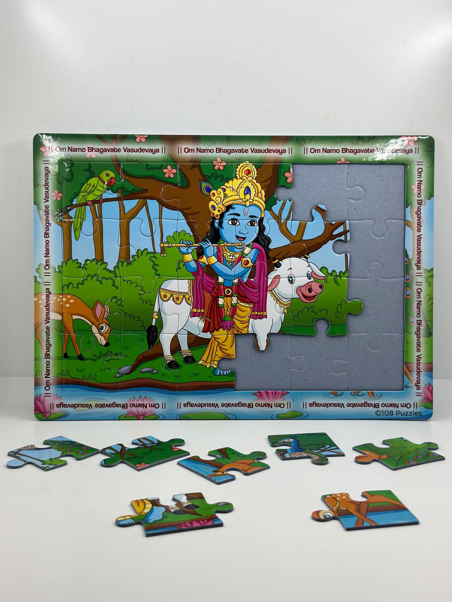 Colourful illustration of Lord Krishna with all the animals in the forest, 24 pieces