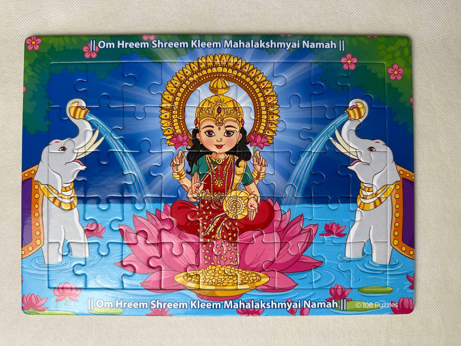 Beautiful illustration of Laxmi mata in a completed 45 piece puzzle