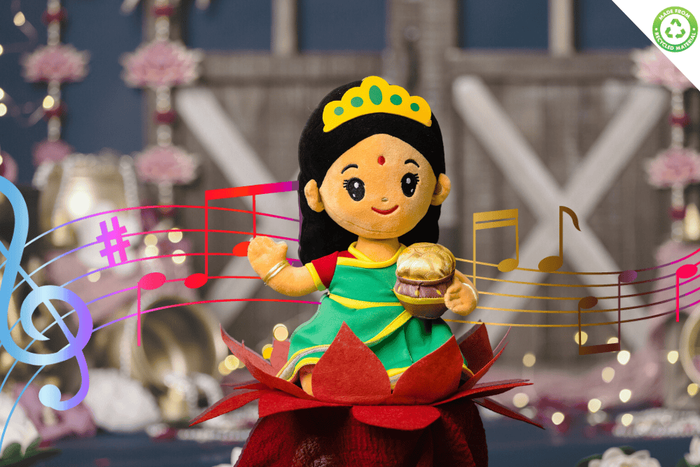 Modi Toys plush toy Lakshmi devi on her lotus surrounded by musical notes