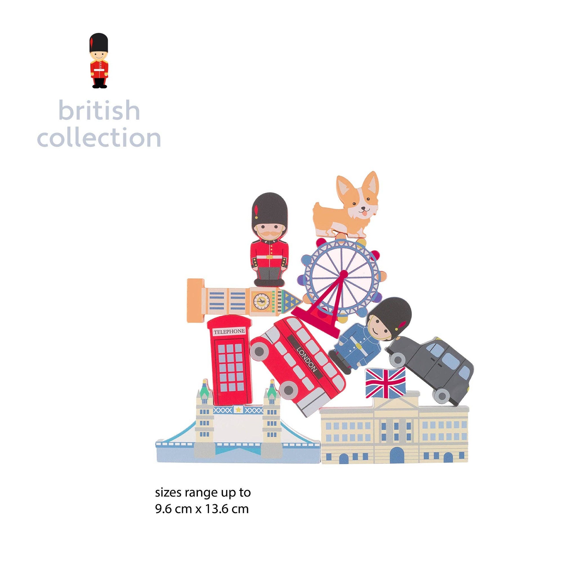 Illustrated collection of British-themed items including a red phone box, London Bridge, and a red double-decker bus on a white background.