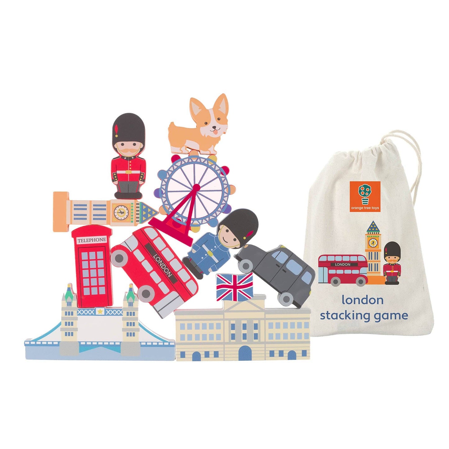 London-themed stacking game with colorful illustrations and a drawstring bag on a white background.