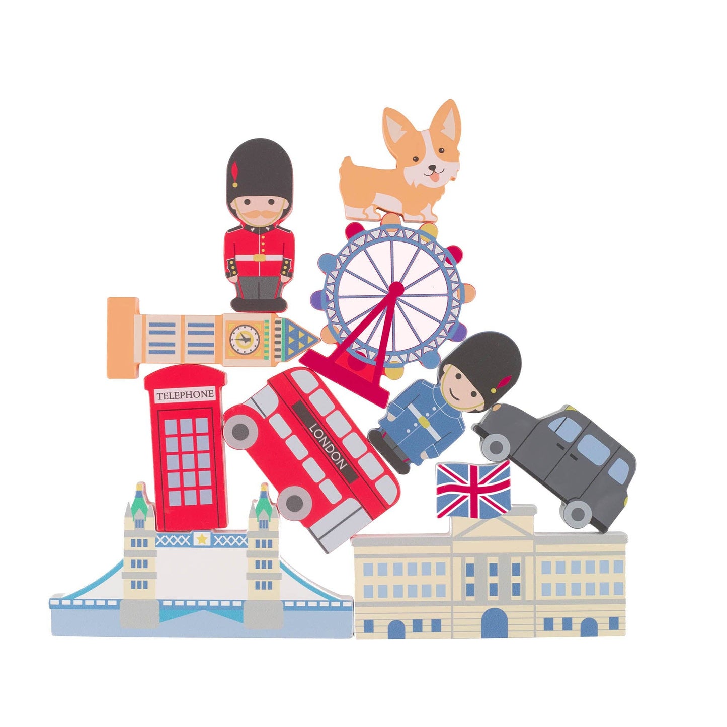 Illustrations of London-themed objects including a guard, phone box, and tower bridge on a white background