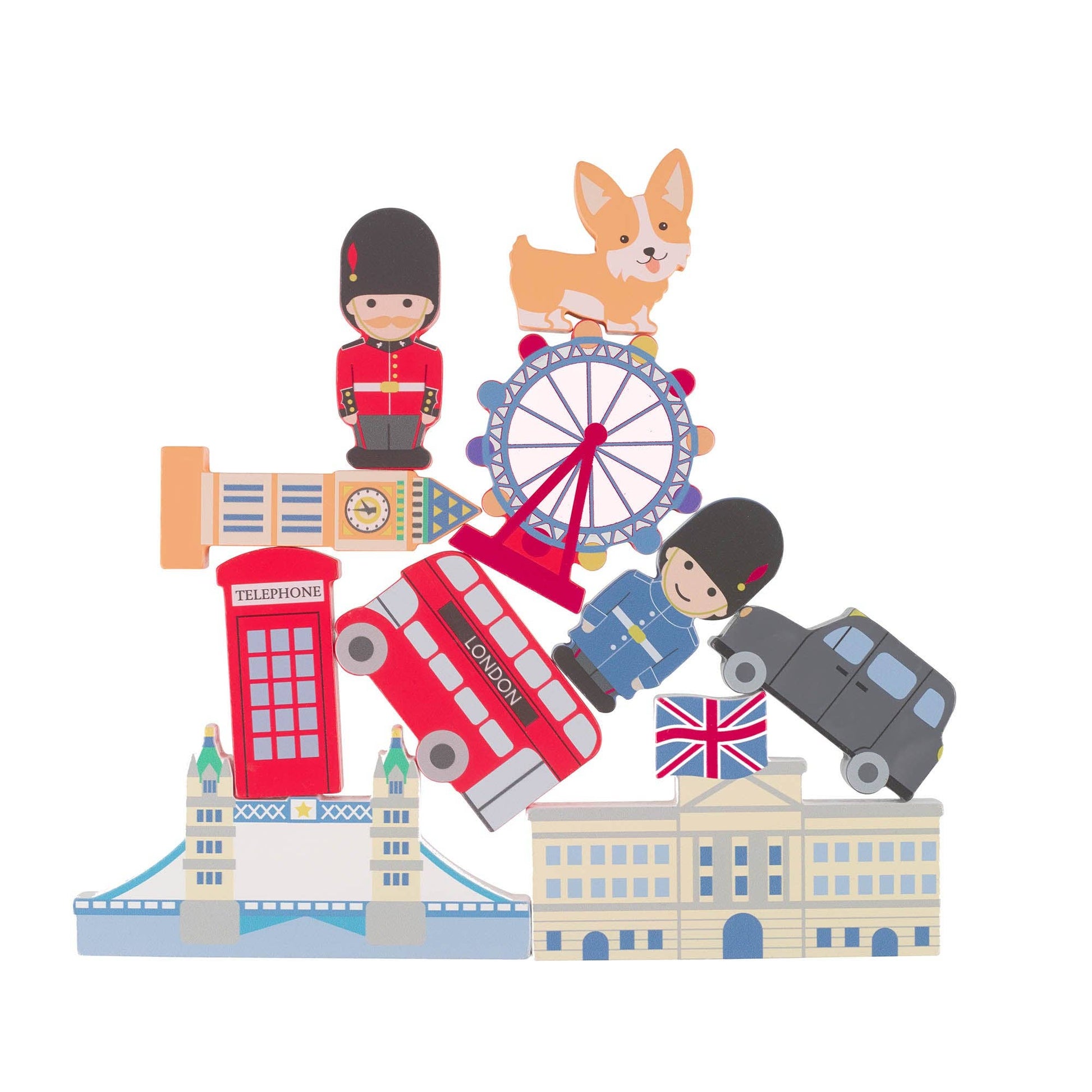 Illustrations of London-themed objects including a guard, phone box, and tower bridge on a white background