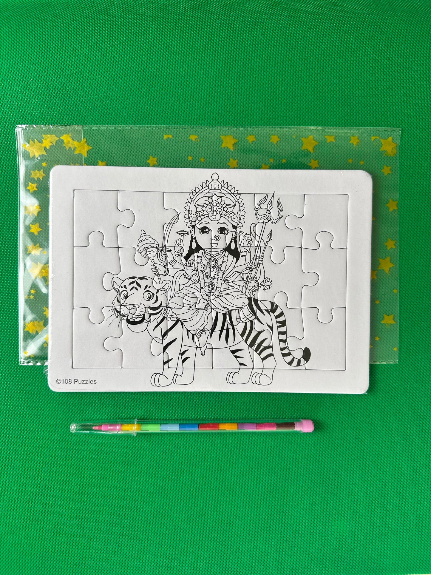 Jigsaw puzzle of Mataji on a tiger on a green background