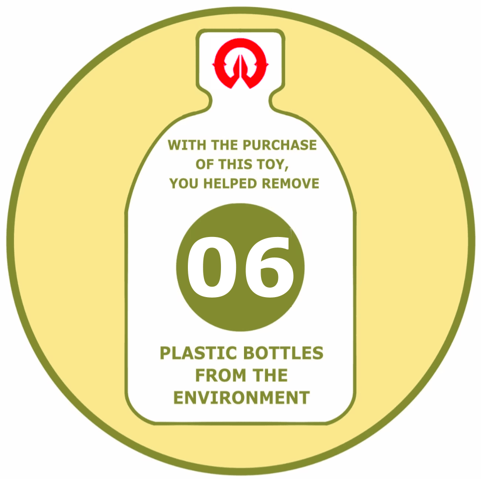 Environmental label indicating plastic bottle reduction from toy purchase