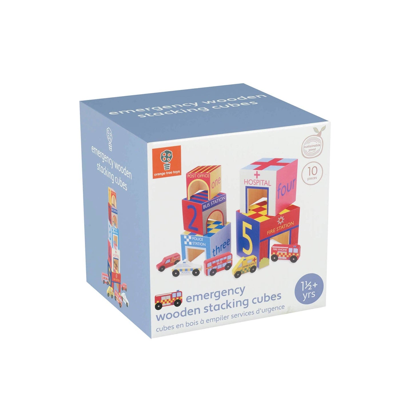 Packaging box of emergency wooden stacking cubes on a white background