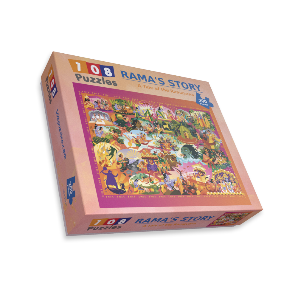 Jigsaw puzzle box titled 'Rama's Story' with colorful illustrations on a white background