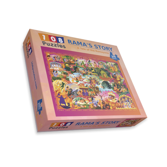 Jigsaw puzzle box titled 'Rama's Story' with colorful illustrations on a white background