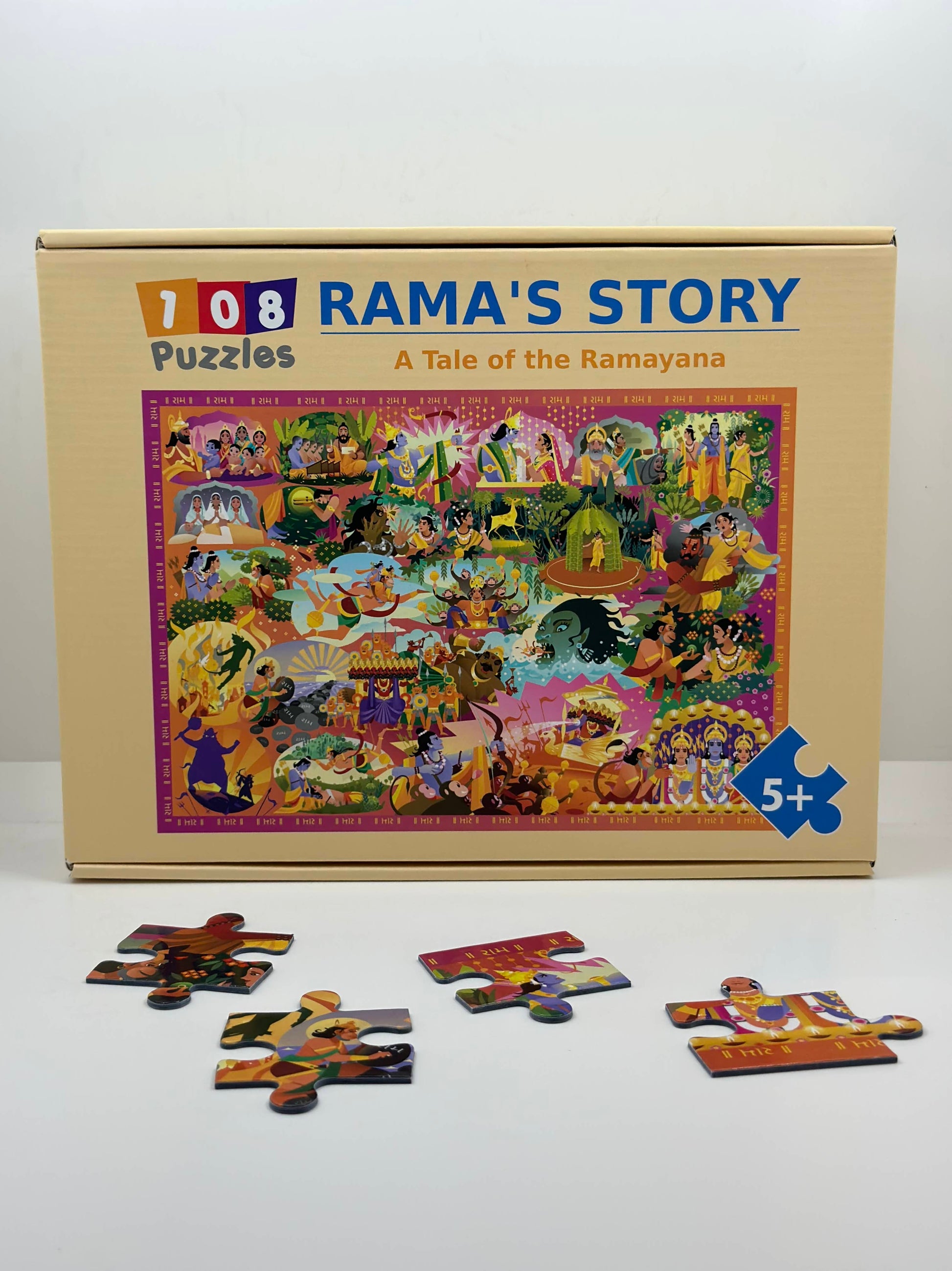 Educational Hindu mythology puzzle with 63 large pieces featuring scenes from the Ramayana story of Rama and Ravana