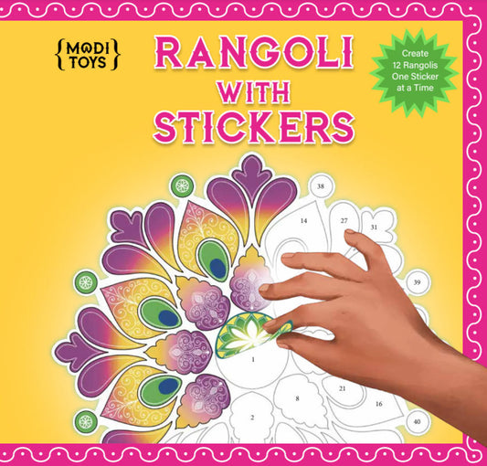 Front cover of the Modi Toys Rangoli Sticker Book featuring colourful rangoli patterns and festive motifs