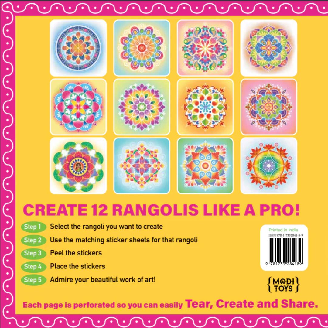 Back of rangoli book colorful rangoli designs on a yellow background with step-by-step instructions.