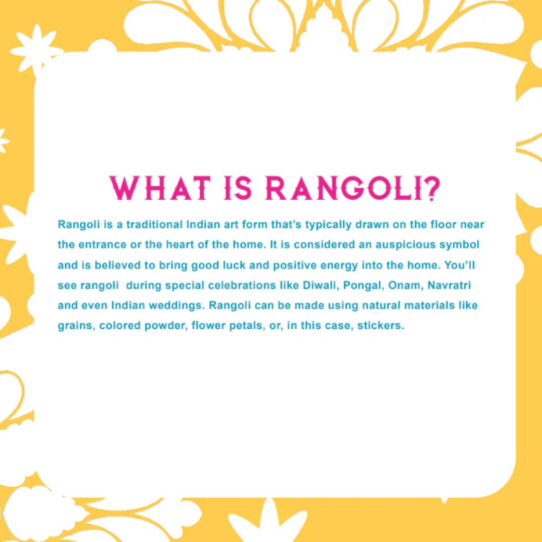 Information about what a Rangoli is with decorative yellow and white border