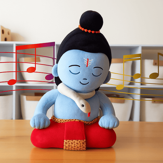 Shiva plush toy with a snake from Modi Toys, surrounded by musical notes.