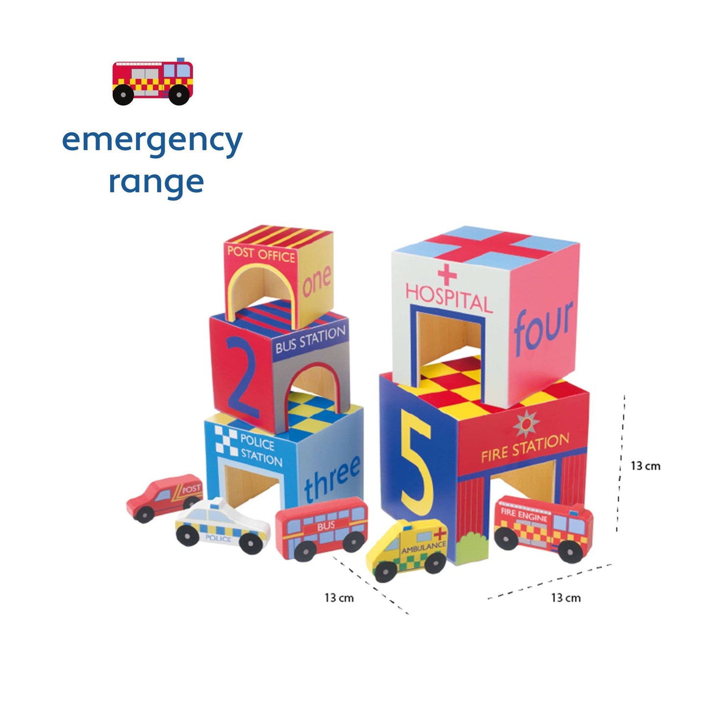 Set of colorful toy blocks with emergency vehicle designs and labels on a white background.