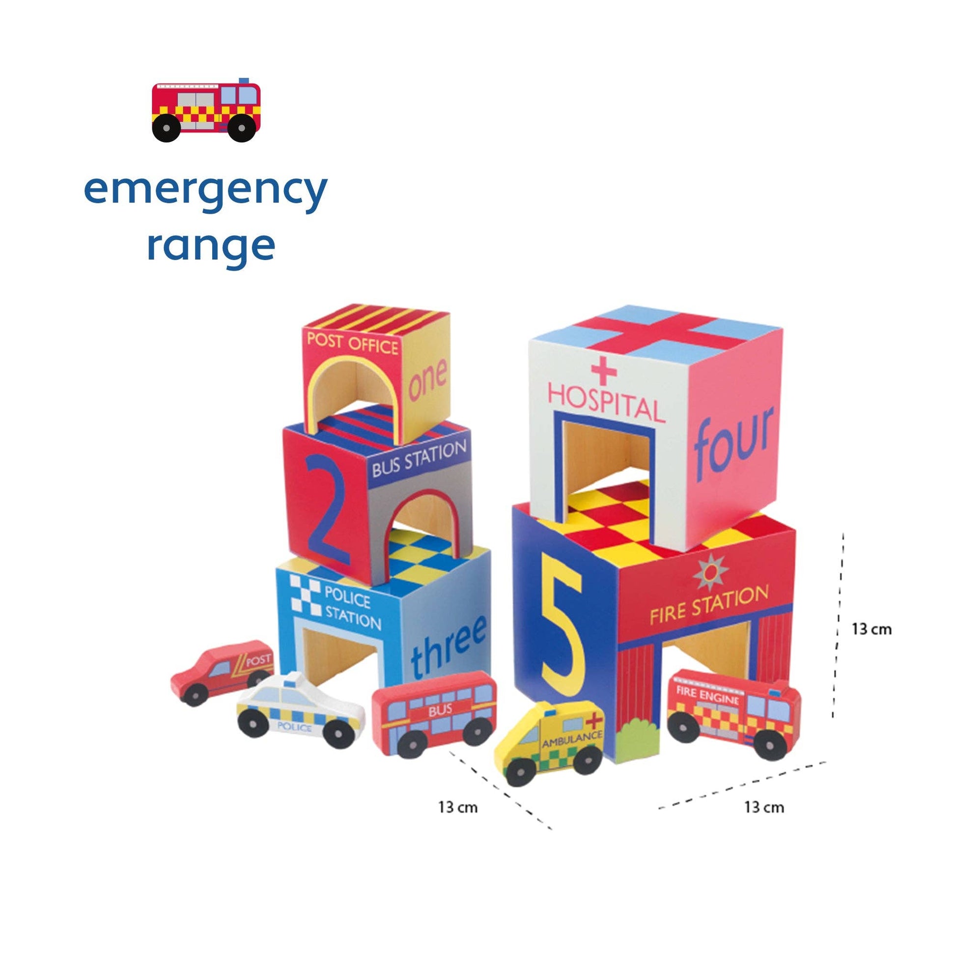 Set of colorful toy blocks with emergency vehicle designs and labels on a white background.