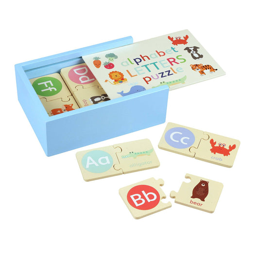 Children's alphabet puzzle set with wooden pieces and a blue storage box on a white background