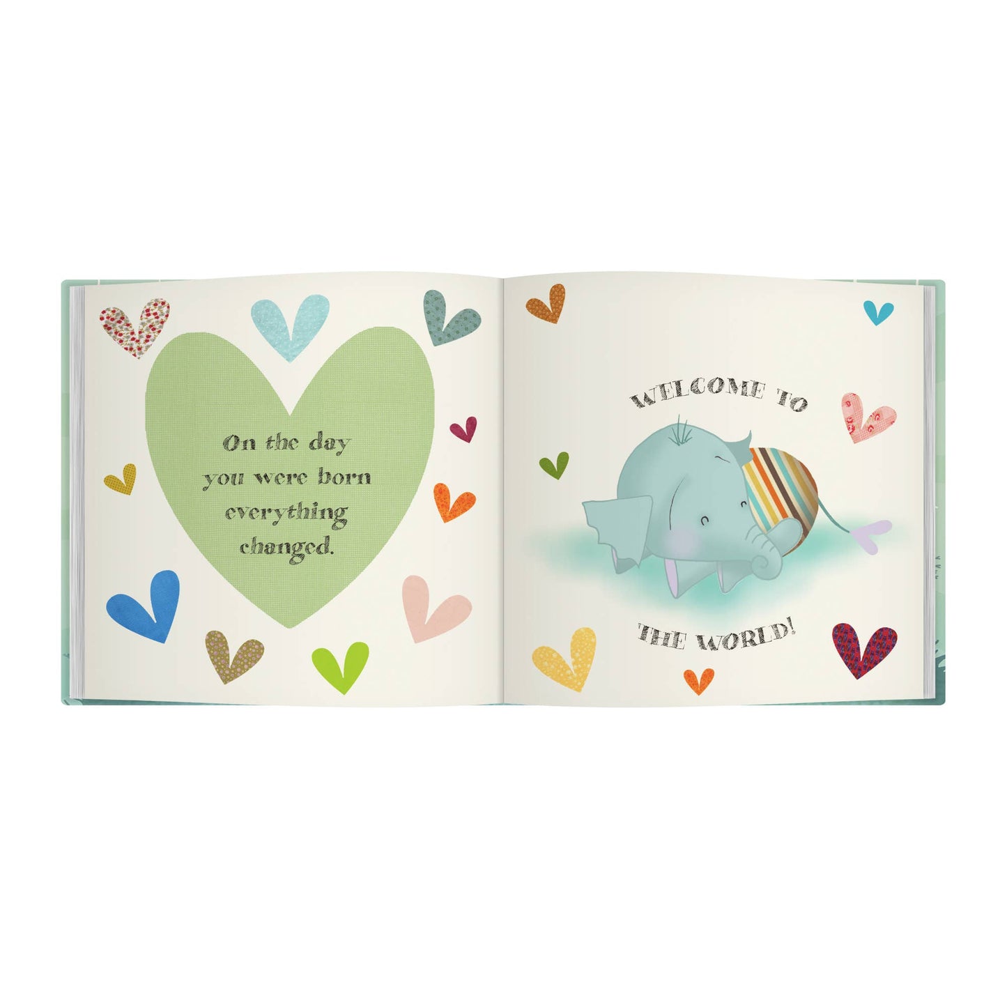 Open book with heart illustrations and text on a white background
