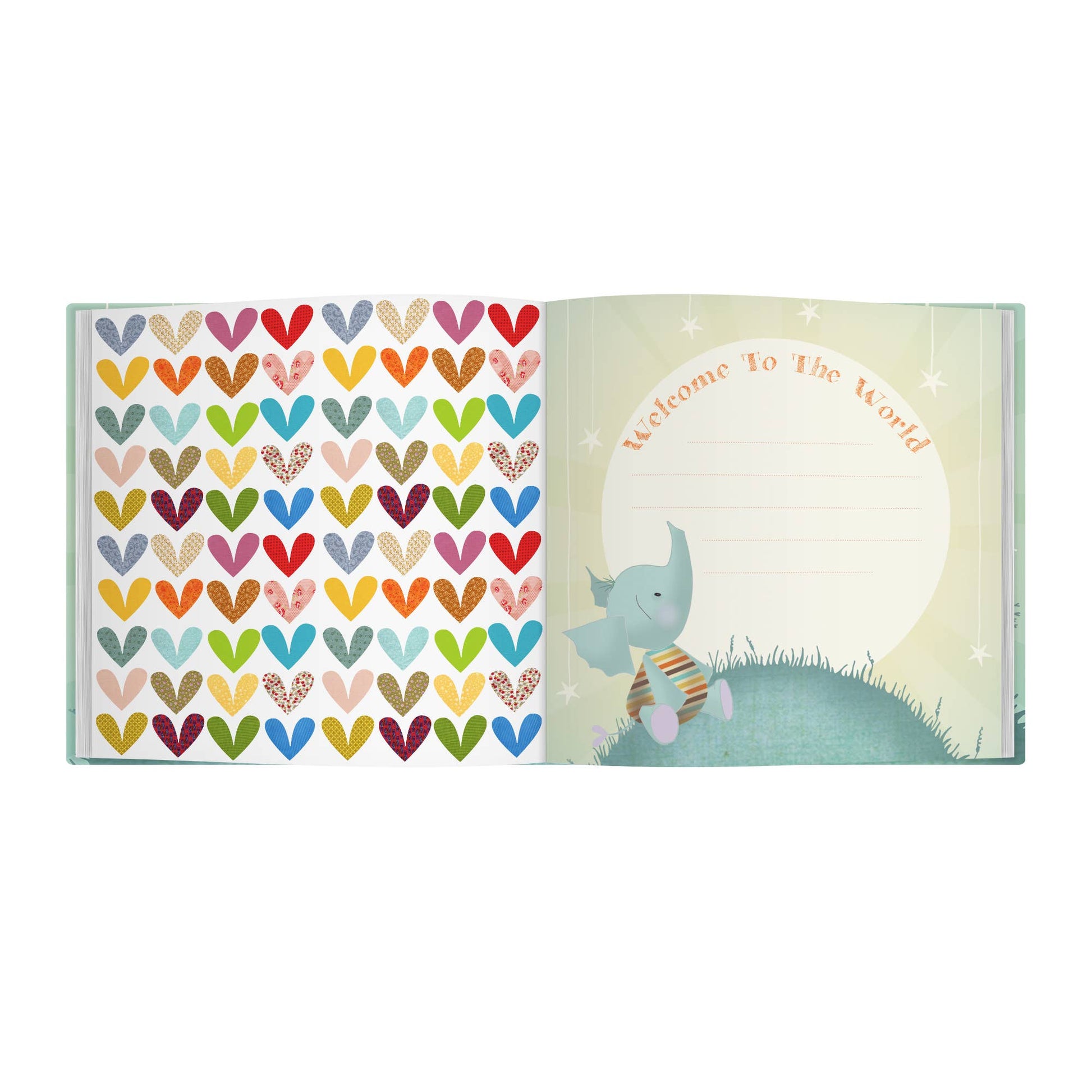 Open book with colorful heart pattern on left page and elephant illustration on right page, featuring 'Welcome to the World' text.