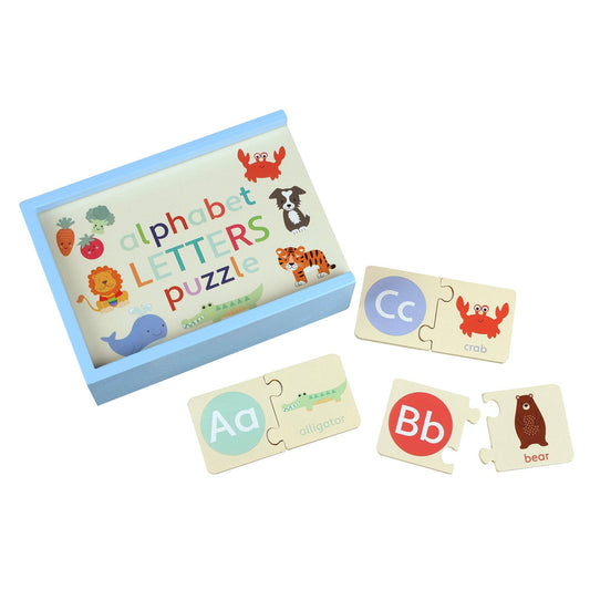 Colourful wooden alphabet puzzle shaped with letters A to Z on individual pieces