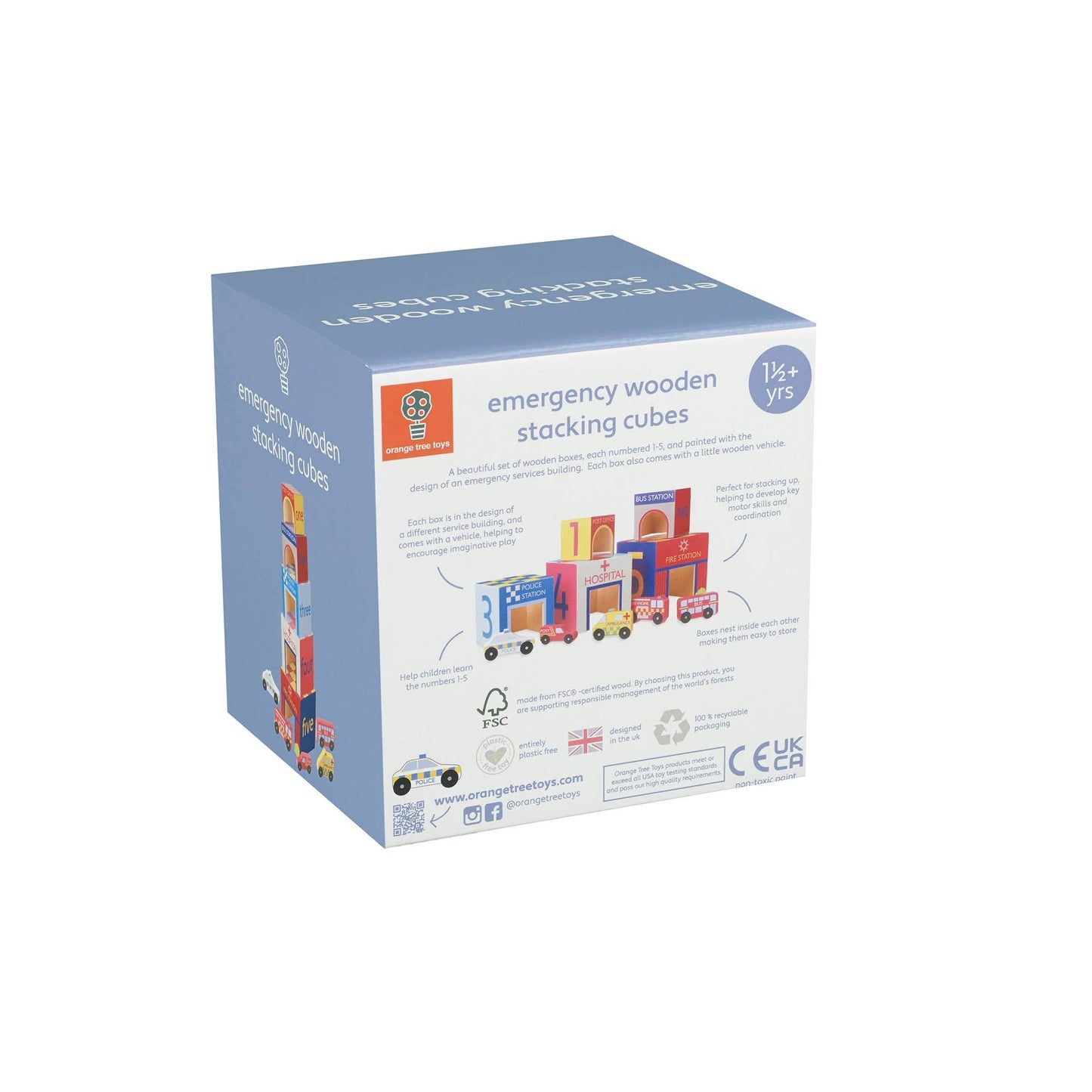 Box of emergency wooden stacking cubes with colorful illustrations on a white background