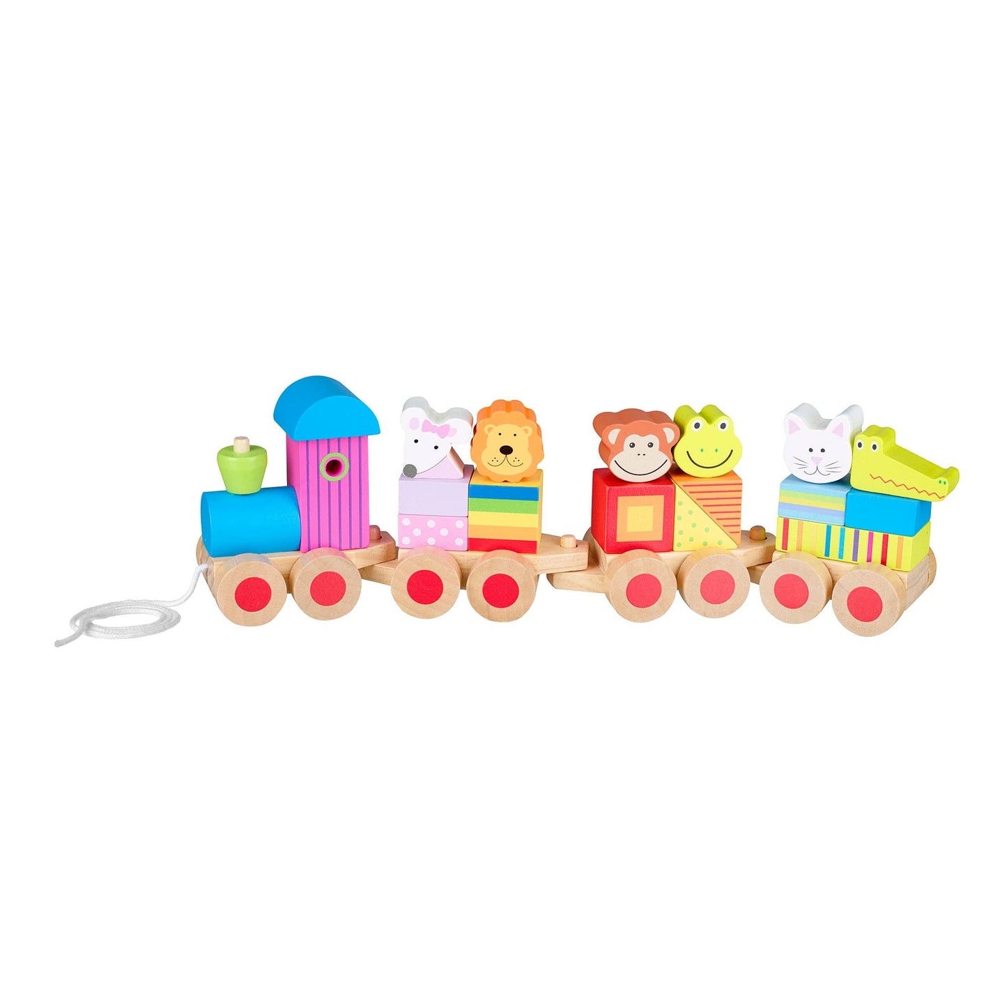 Colorful wooden toy train with animal figures on a white background