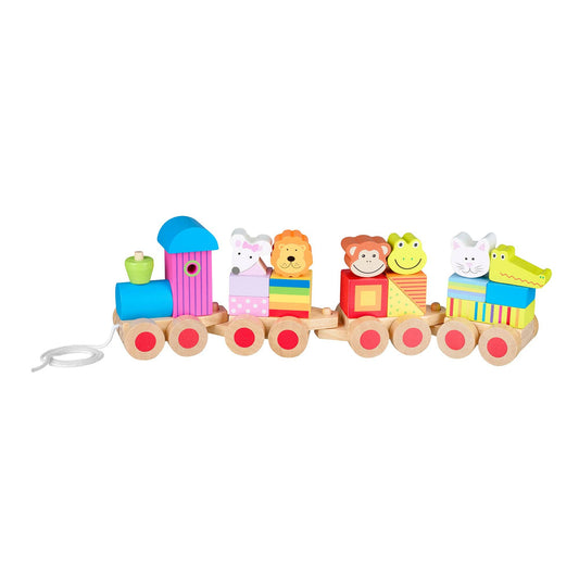 Colorful wooden toy train with animal figures on a white background