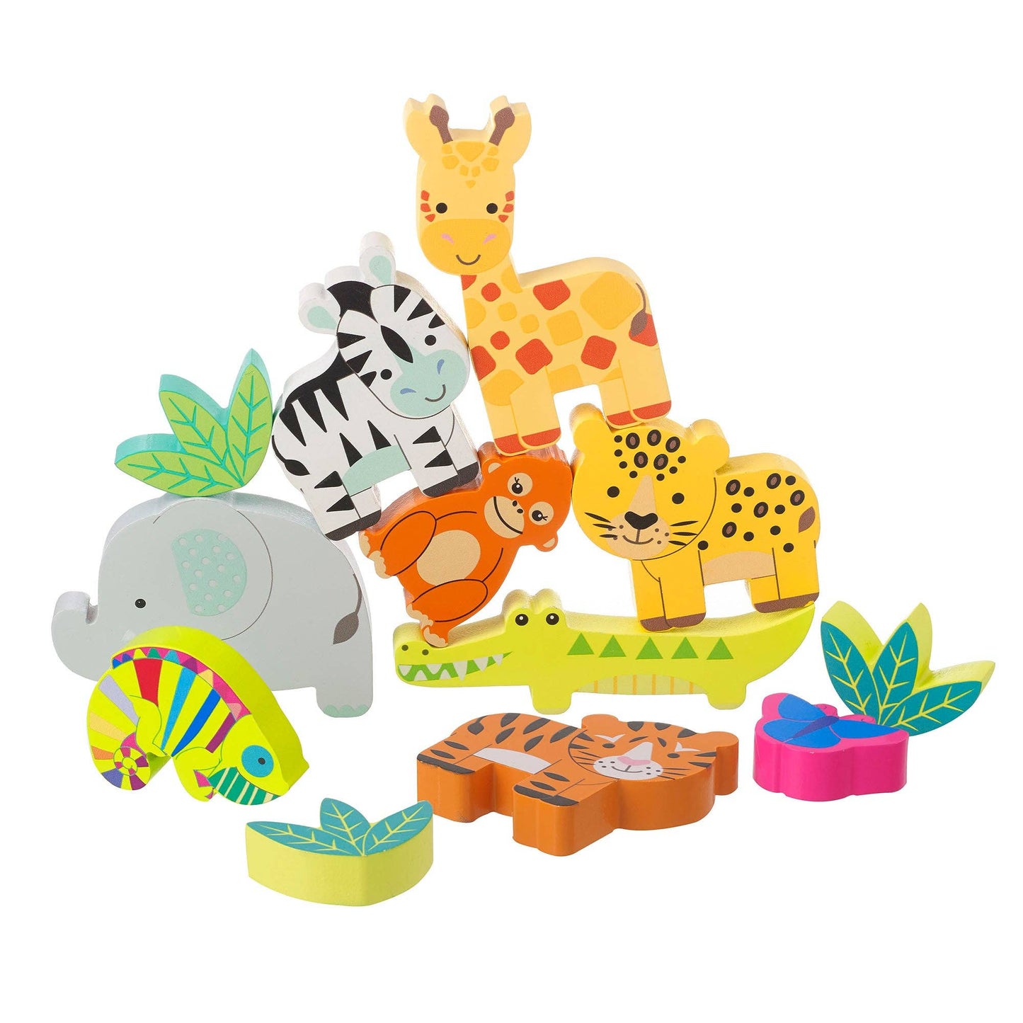 Set of brightly painted Wooden Jungle Animals by Orange Tree Toys, ready for stacking and play.