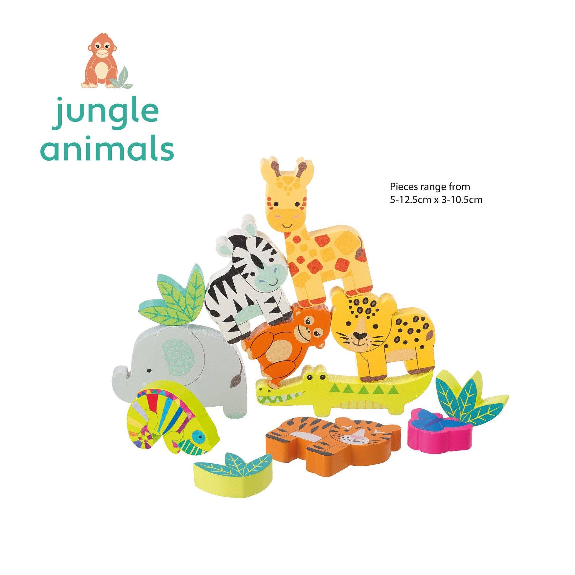 Set of colorful wooden jungle animal toys on a white background with 'jungle animals' text.