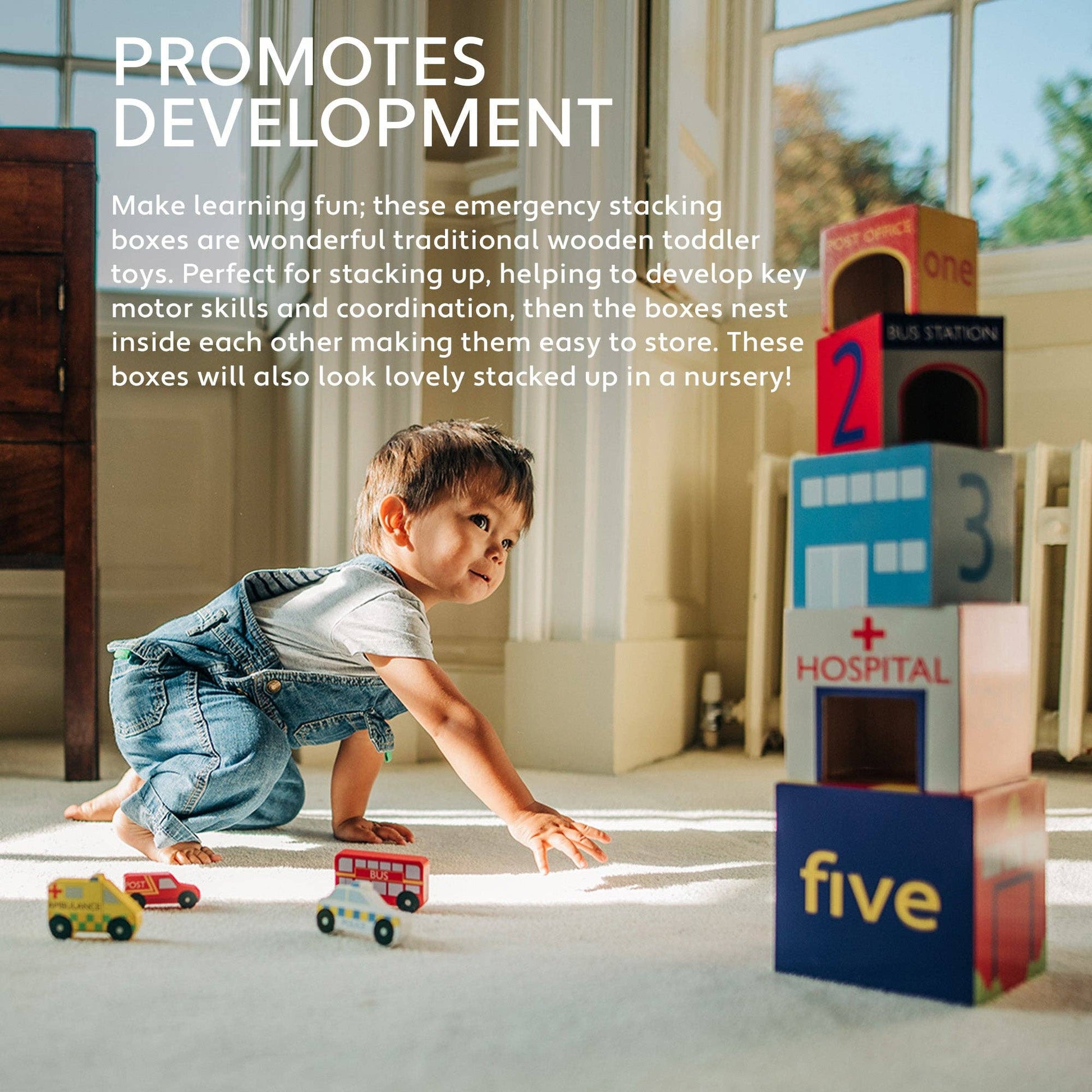 Benefits of child playing with educational toys in a bright room