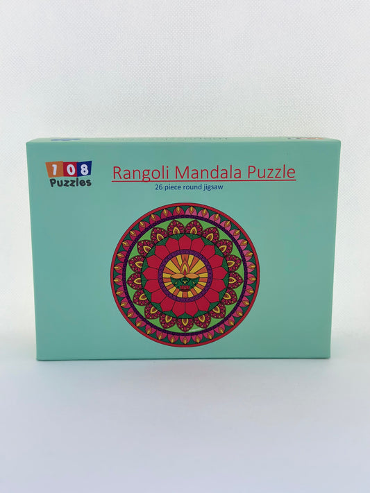 Box of Rangoli Mandala Puzzle with colourful design on a light green background