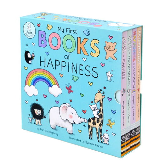 Children's book set titled 'My First Books of Happiness' with colorful illustrations on a white background.