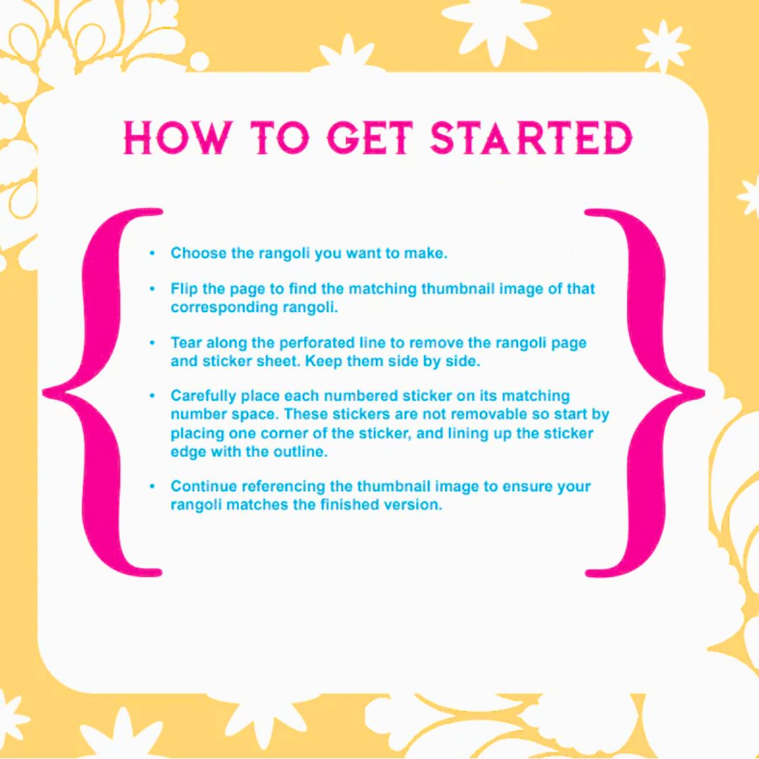 Instructions on how to get started with a rangoli-making kit, featuring text and decorative elements.