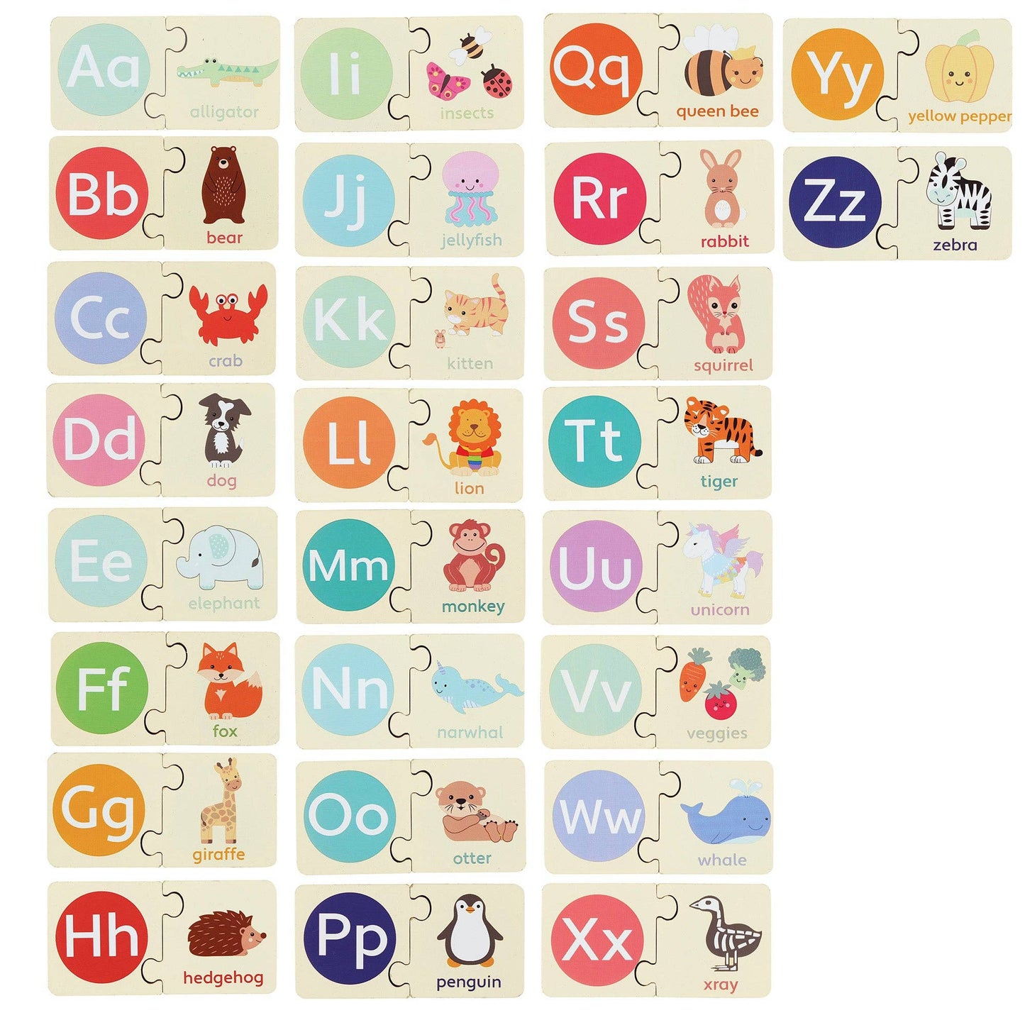 Alphabet puzzle with letters and animal illustrations on a white background
