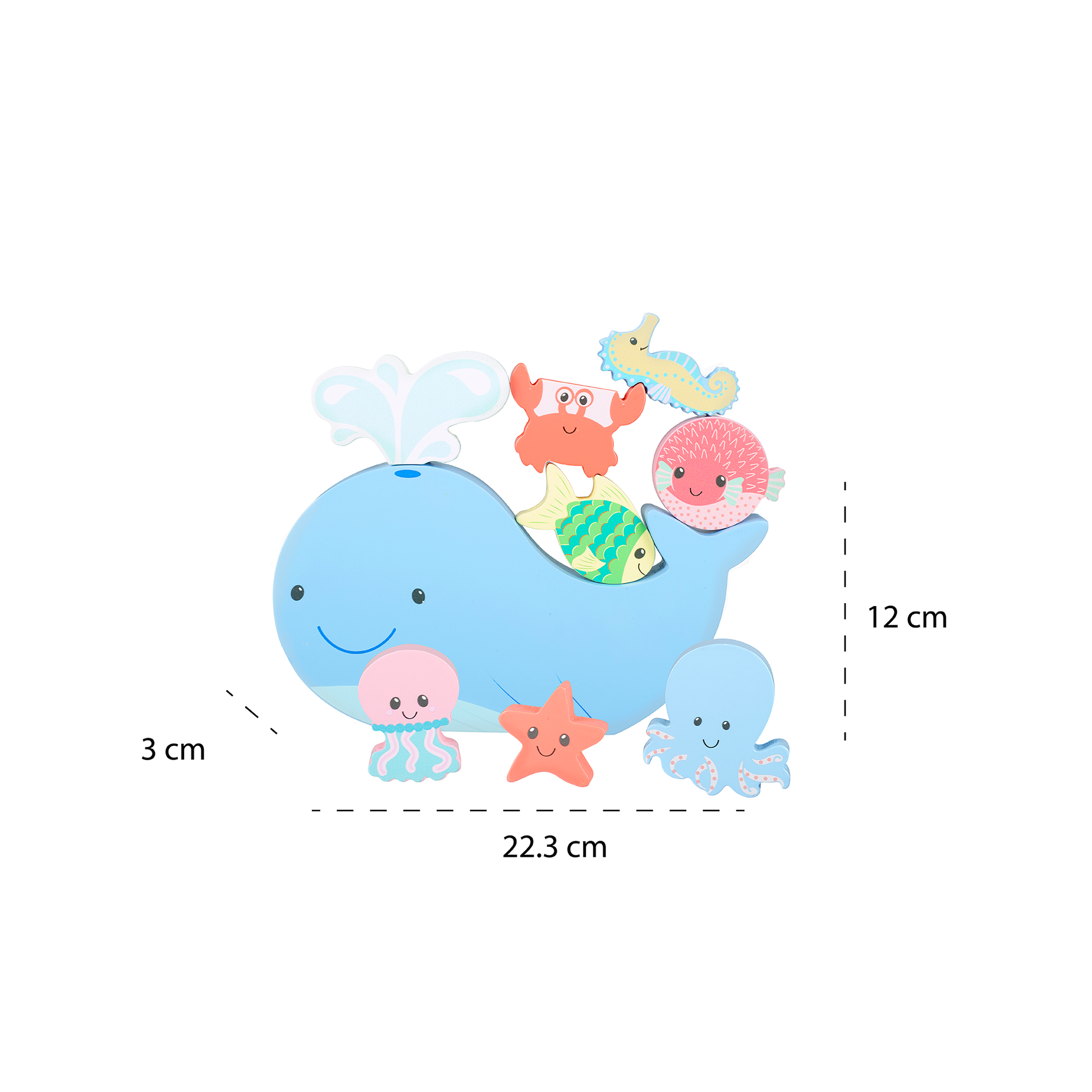 Toy whale with sea creatures on a white background