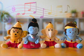 Four Hindu devtas Hanuman, Shiva, Ganesha and Krishna with musical notes above them on a wooden surface