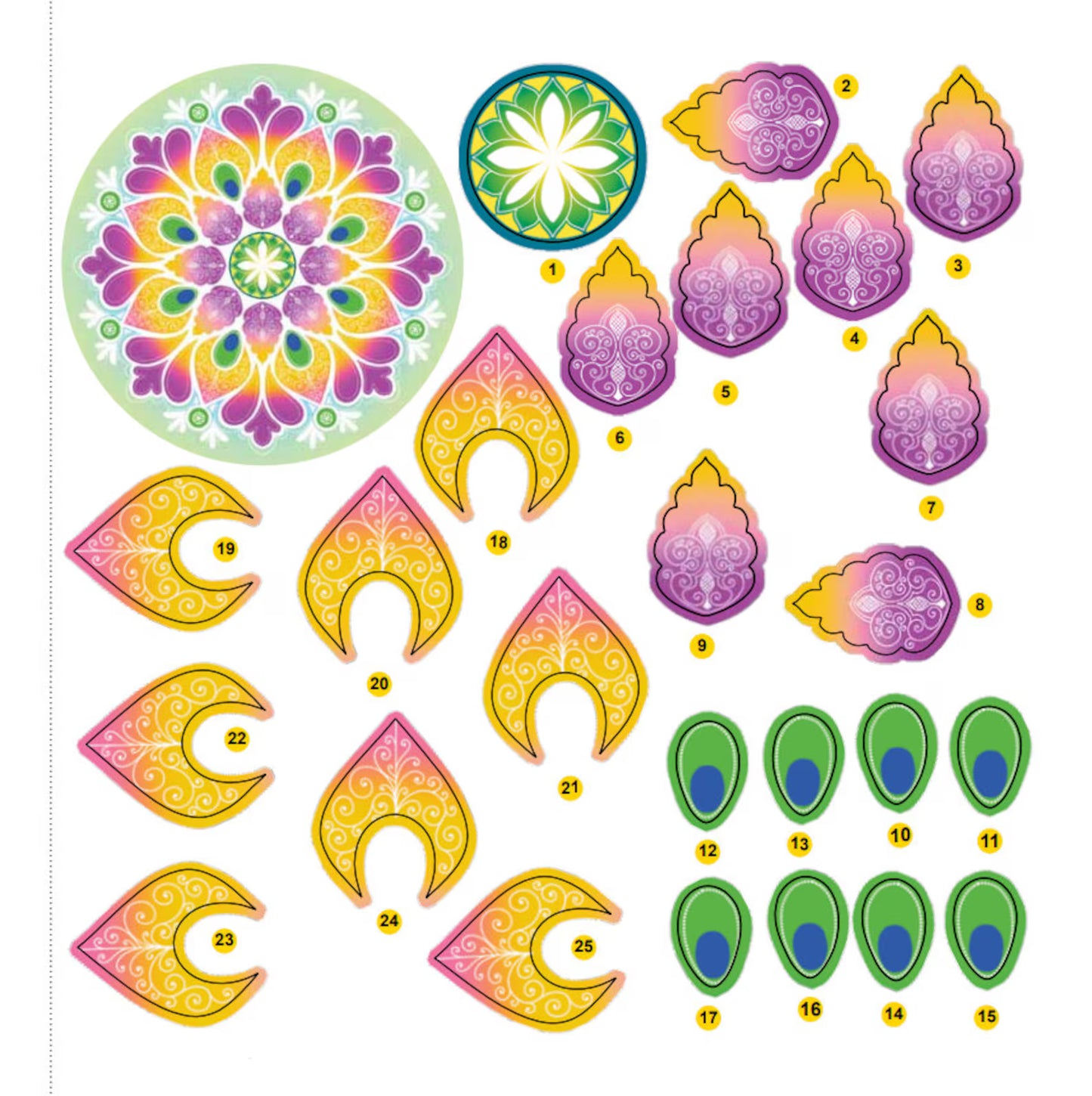 Sheet of rangoli stickers in bright colours and geometric design
