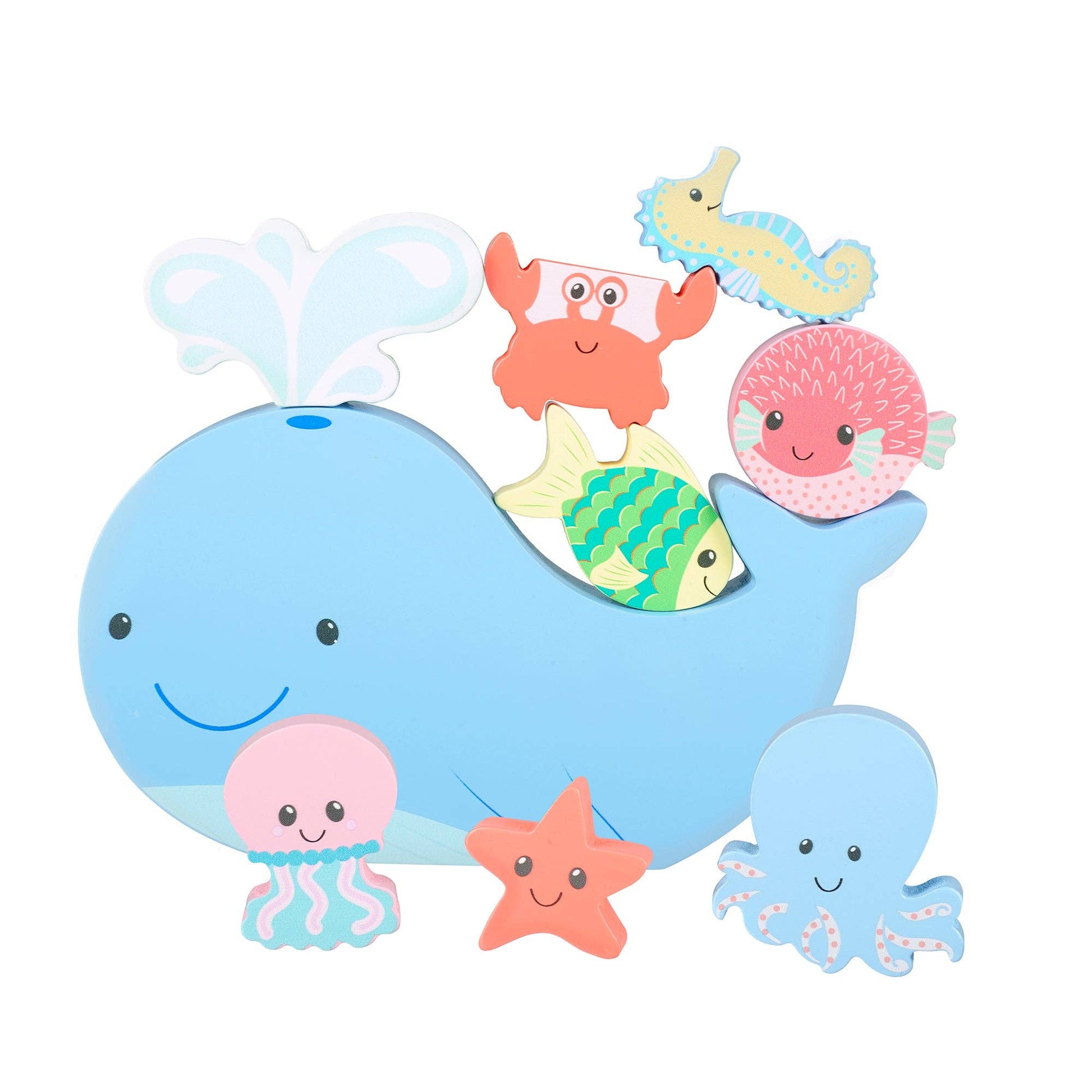 Set of brightly painted Wooden Sea Life animals by Orange Tree Toys, designed for stacking and balancing